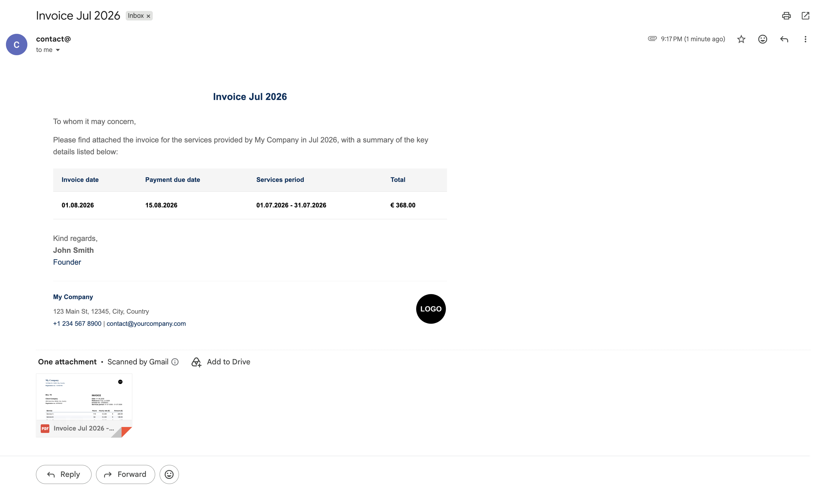 Invoicing Pipeline Lite Email Example